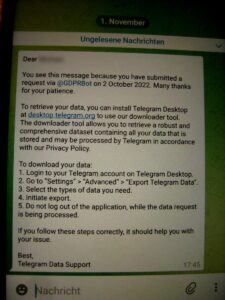 Screenshot von einem Smartphone, auf dem versucht wird, an Telegram ein Auskunftsersuchen zu stellen.