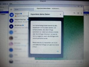 Screenshot von einem Rechner, auf dem Telegram installiert wurde, um ein Auskunftsersuchen stellen zu können.