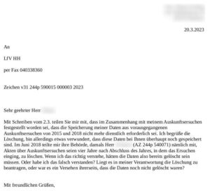 Ein Schreiben an den Inlandsgeheimdienst Hamburg.